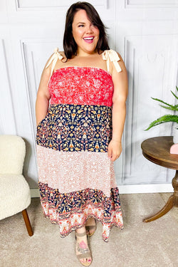 Vacay Vibes Orange Floral Smocked Tube Top Tiered Maxi Dress