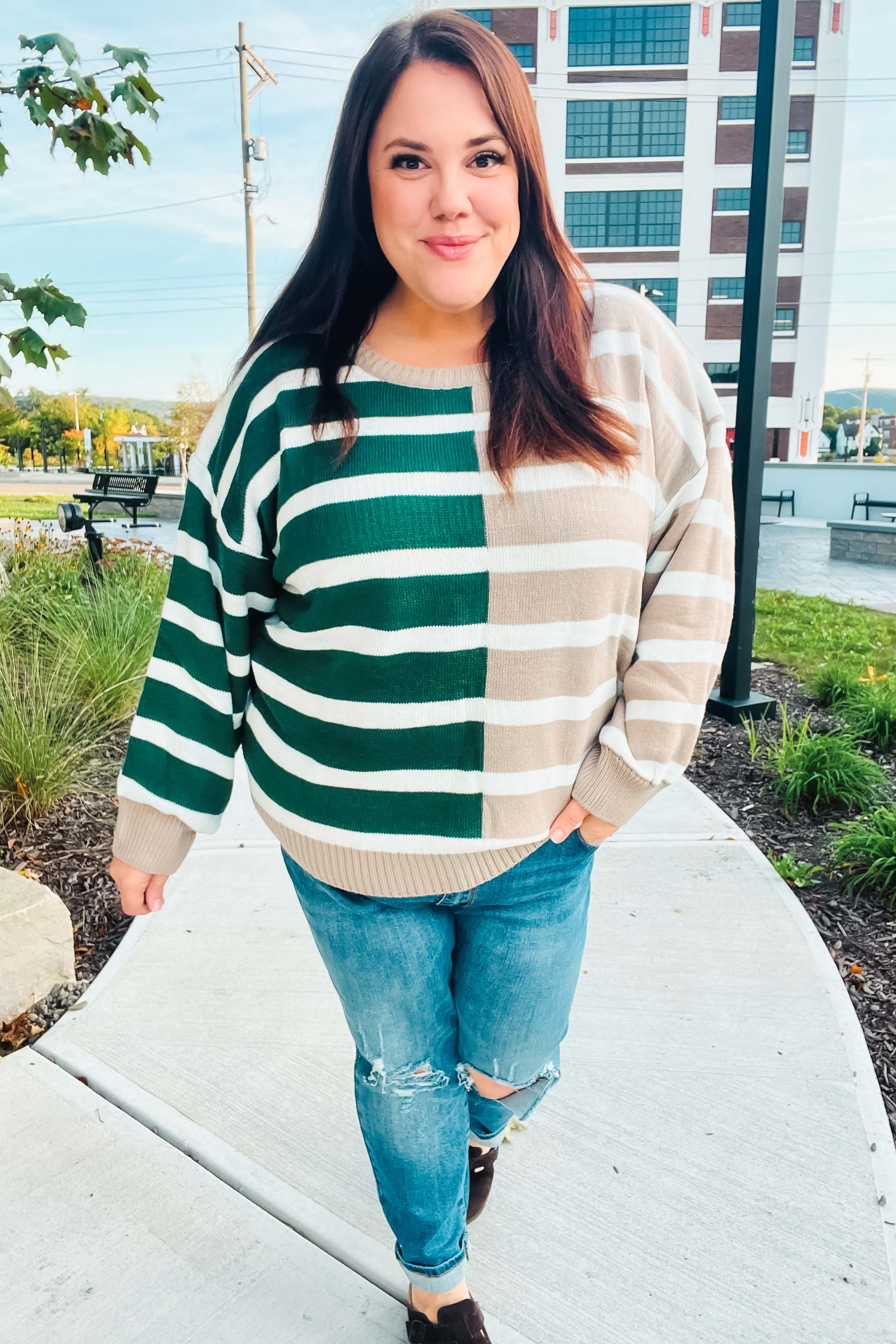 Hunter Green & Taupe Striped Color Block Sweater