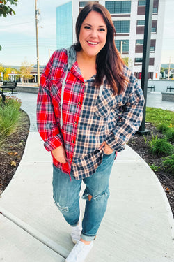 Main Attraction Red & Navy Plaid Color Block Button Down Hoodie