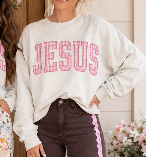 Great Pink Plaid JESUS Sweatshirt WTW