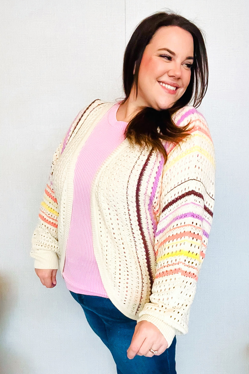 Easy Living Oatmeal Multicolor Stripe Dolman Crochet Cardigan