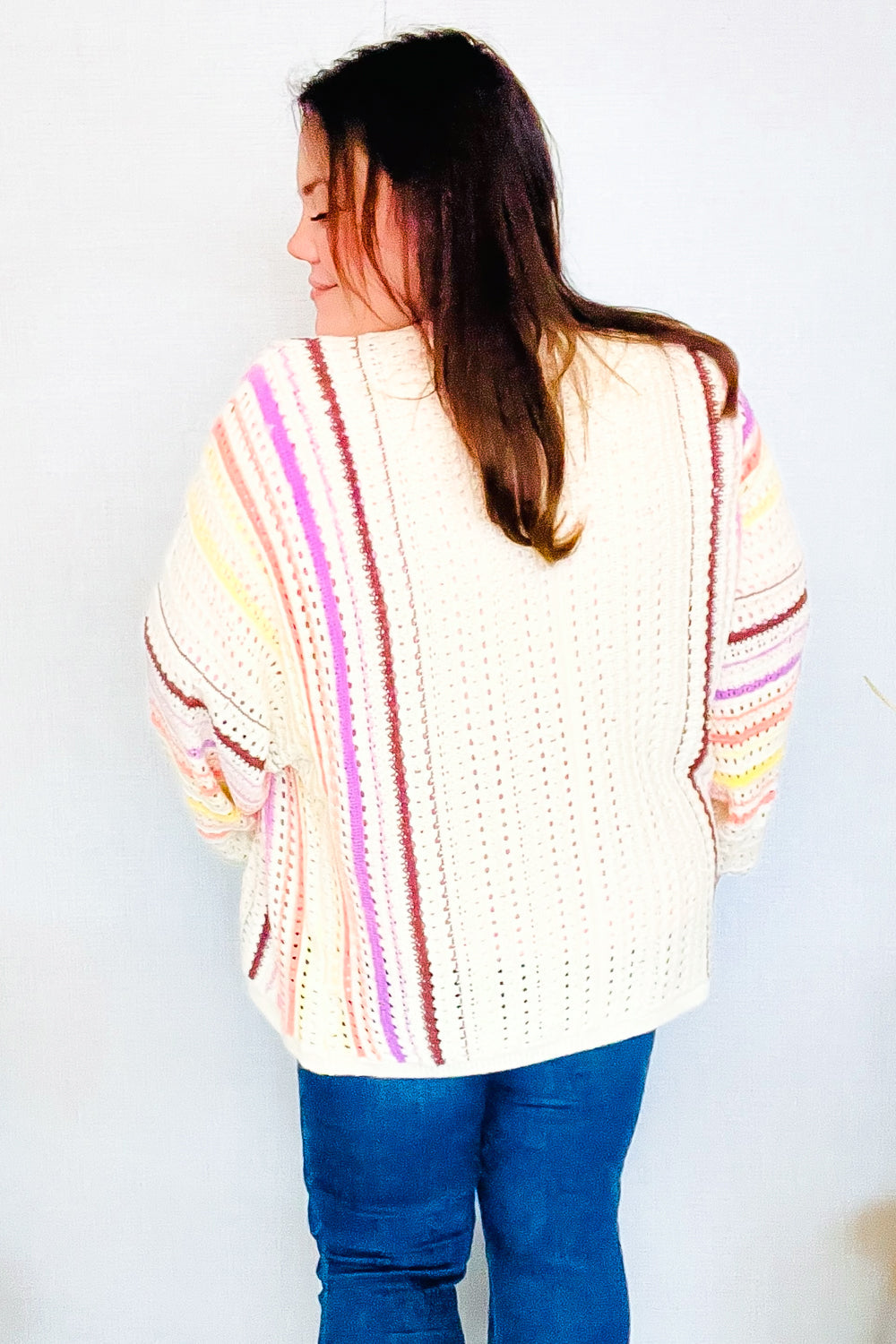 Easy Living Oatmeal Multicolor Stripe Dolman Crochet Cardigan