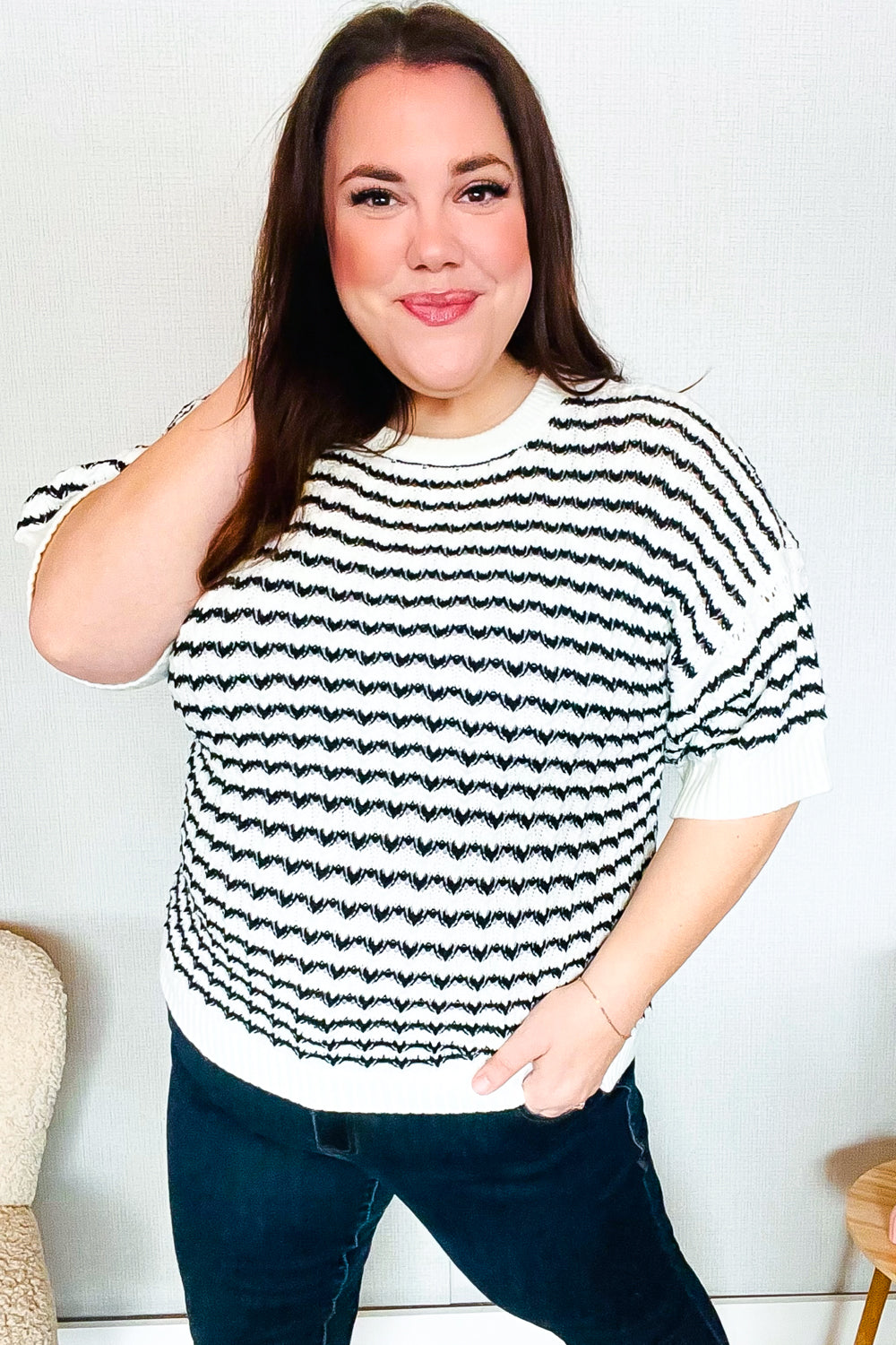 You've Got This Ivory & Black Wavy Stripe Pattern Sweater Top