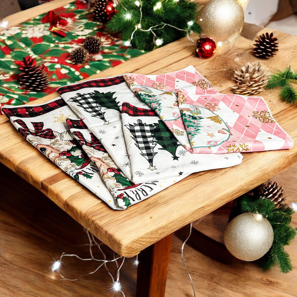 Farmhouse Christmas dish towel with colorful gingham trees and festive details
Stylish holiday towel featuring gingham Christmas trees and a cozy winter vibe
Cute Christmas kitchen towel with red and black gingham ends and whimsical designs
Festive hand towel with a mix of colorful gingham patterns and holiday cheer