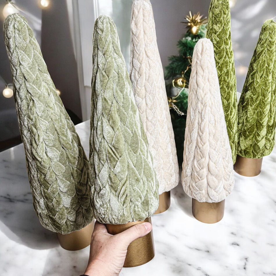 Luxury Velvet Christmas Trees – Premium Green and Cream Holiday Mantle Accents
Handmade Artificial Christmas Trees with Gold Base – Velvet Christmas Tree Decor