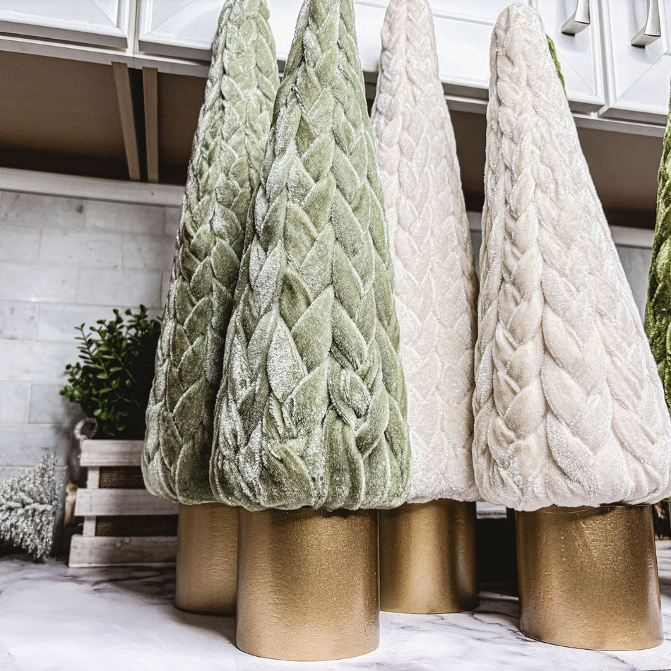 Handmade Velvet Christmas Trees in Green or Cream with Gold Base - Luxury Holiday Decor
Elegant Faux Christmas Tree Decoration – Large Velvet Trees for Mantle Decor