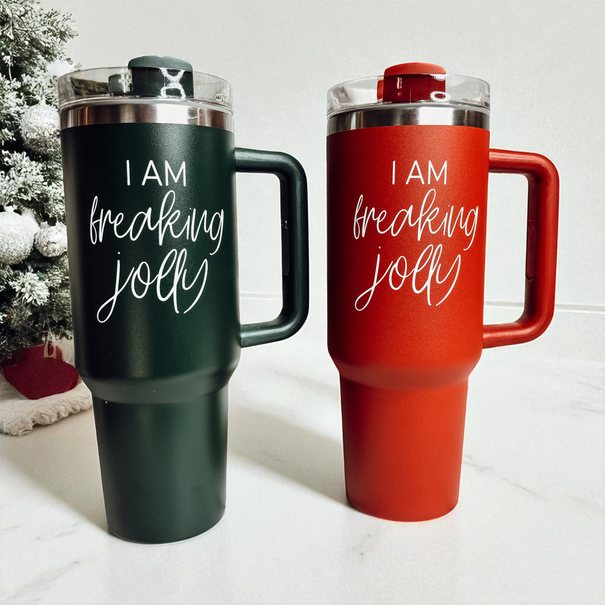 Double wall Christmas tumbler - I am freaking jolly 40oz red green
Red green Christmas tumbler with handle - I am freaking jolly 40oz
Stainless steel Christmas tumbler - I am freaking jolly red green