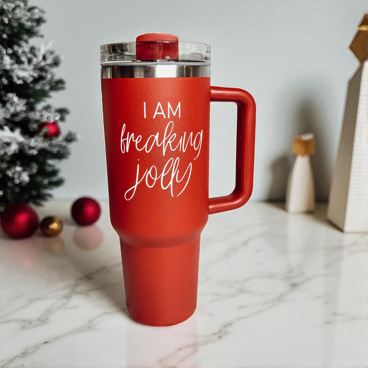 Spill proof Christmas tumbler - I am freaking jolly 40oz red green
Insulated holiday tumbler - I am freaking jolly Christmas 40oz
Dishwasher safe Christmas tumbler - I am freaking jolly red green