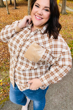 Taupe Plaid Velvet Pocket Button Down Top