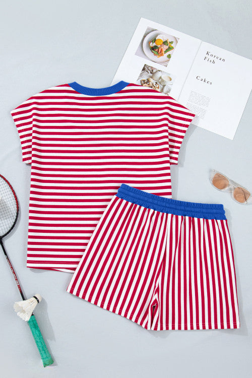 Red Stripe V Neck Shortie Set