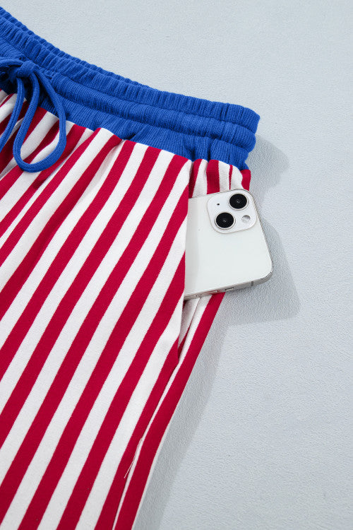 Red Stripe V Neck Shortie Set