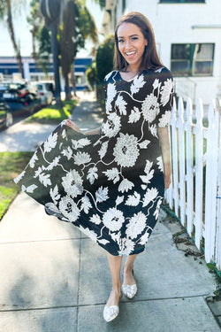 Hello Beautiful Black Puff Print Floral Elastic Short Sleeve Maxi Dress