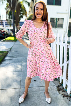 Feeling Femme Pink Ditzy Floral V Neck Tiered Lined Dress