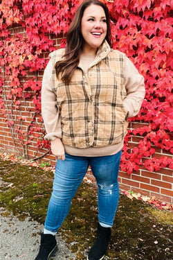 Layer Up Taupe Plaid Snap Button Quilted Puffer Vest