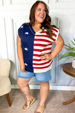 Stars & Stripes Americana V Neck Dolman Sweater Top