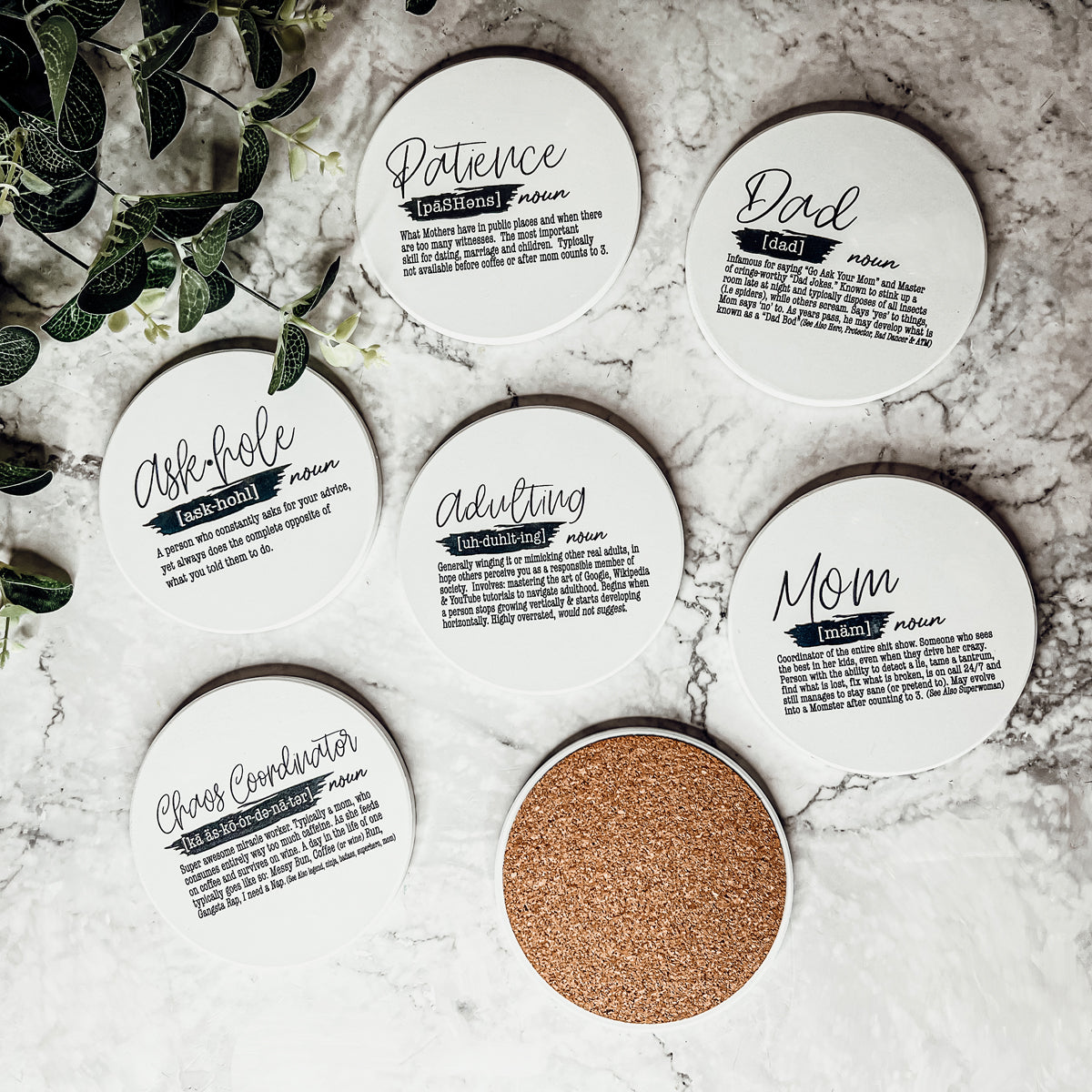 Funny Coaster Gift Sets for Parents
Humorous parenting definition coasters with protective cork base