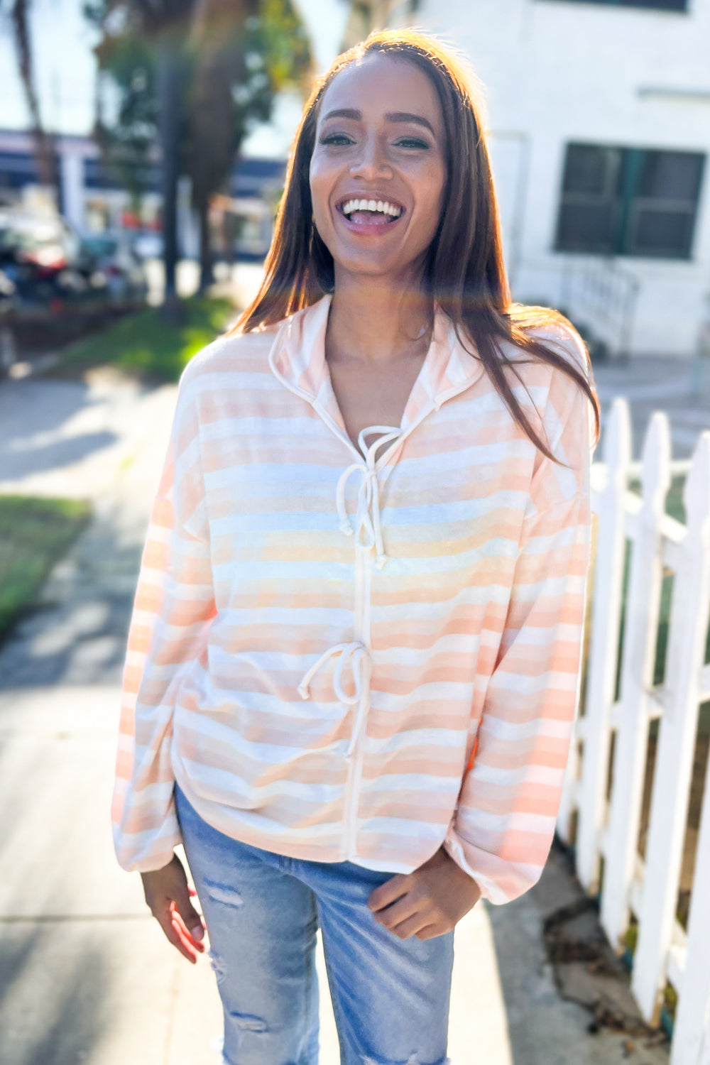 Embrace Joy Beige & Ivory Collar Stripe Bow Tie Terry Top