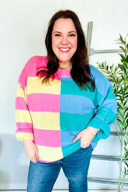 Catch Glances Blush & Blue Stripe Color Block Knit Sweater