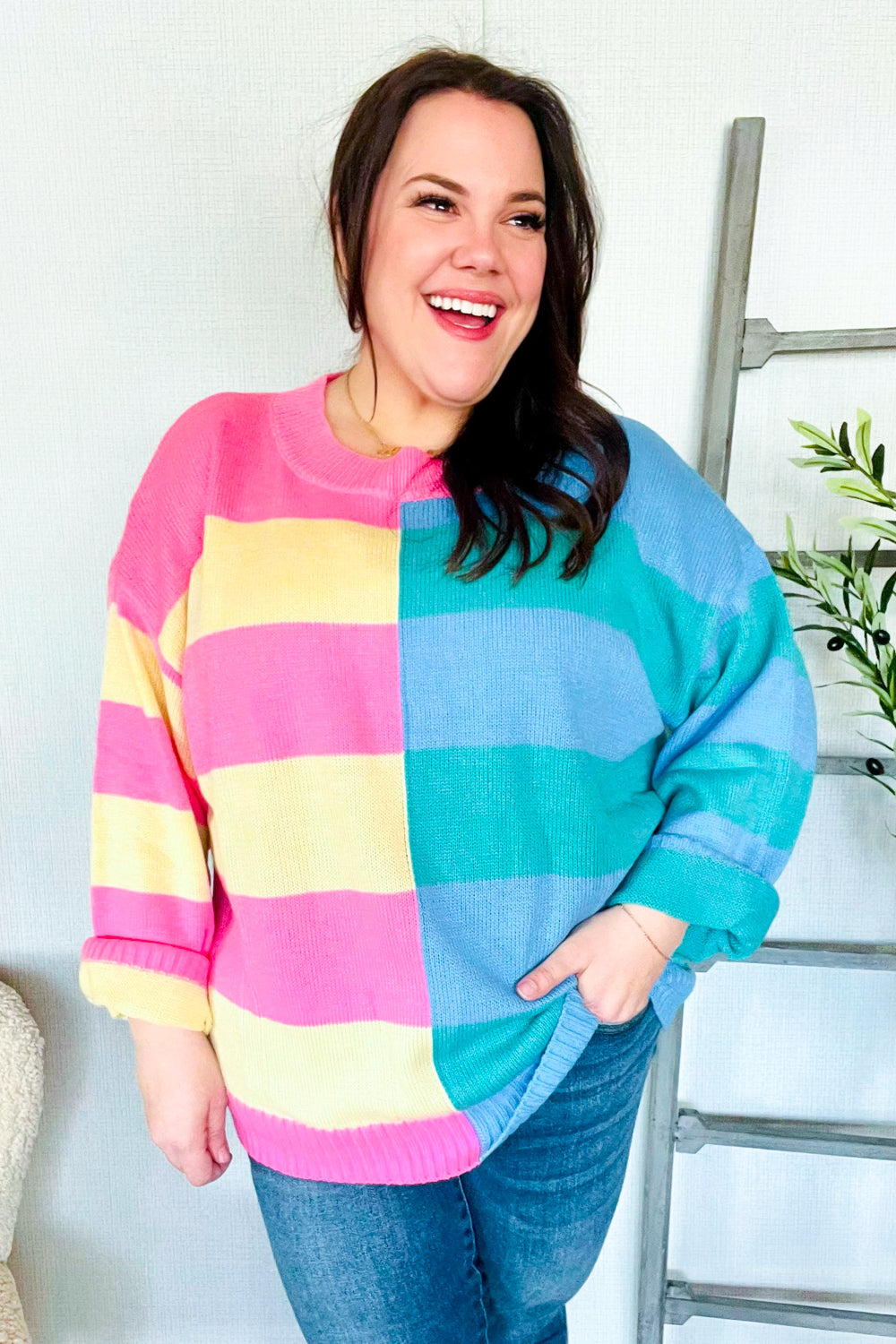 Catch Glances Blush & Blue Stripe Color Block Knit Sweater