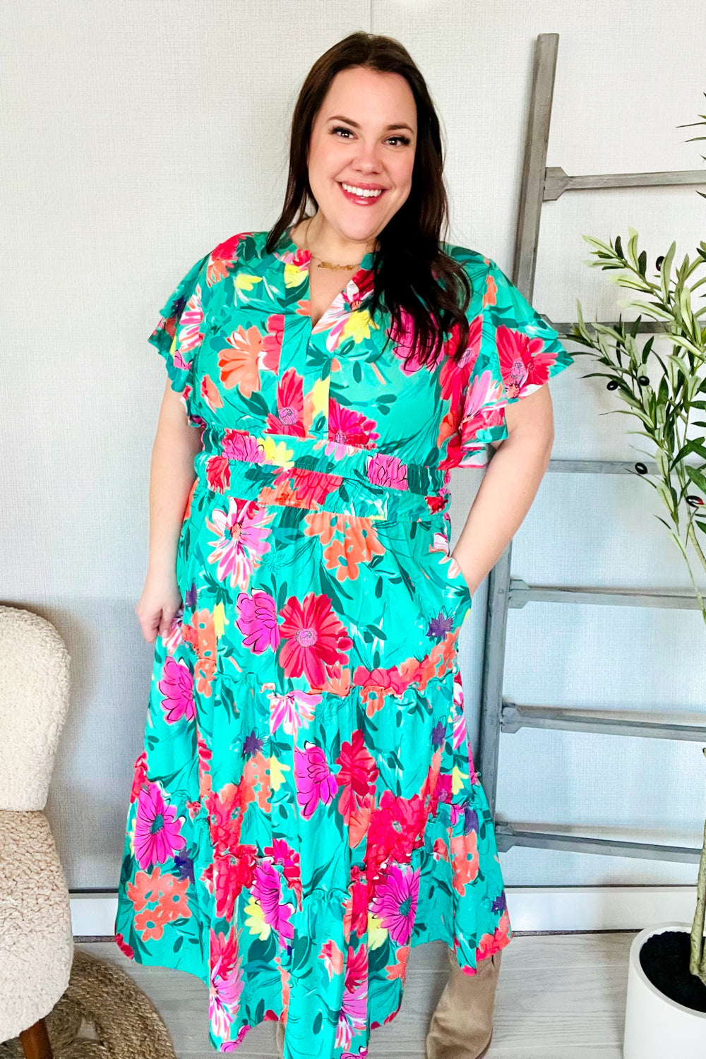 Hello Beautiful Multicolor Tropical Floral Smock Waist Tiered Midi Dress