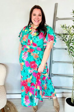 Hello Beautiful Multicolor Tropical Floral Smock Waist Tiered Midi Dress