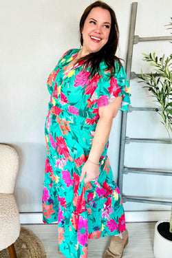 Hello Beautiful Multicolor Tropical Floral Smock Waist Tiered Midi Dress