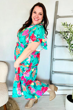 Hello Beautiful Multicolor Tropical Floral Smock Waist Tiered Midi Dress