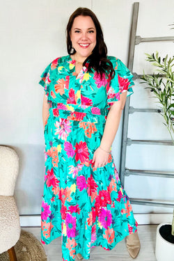 Hello Beautiful Multicolor Tropical Floral Smock Waist Tiered Midi Dress