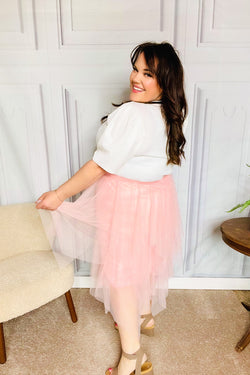 Feeling Femme' Blush Asymmetric Tiered Tulle Midi Skirt