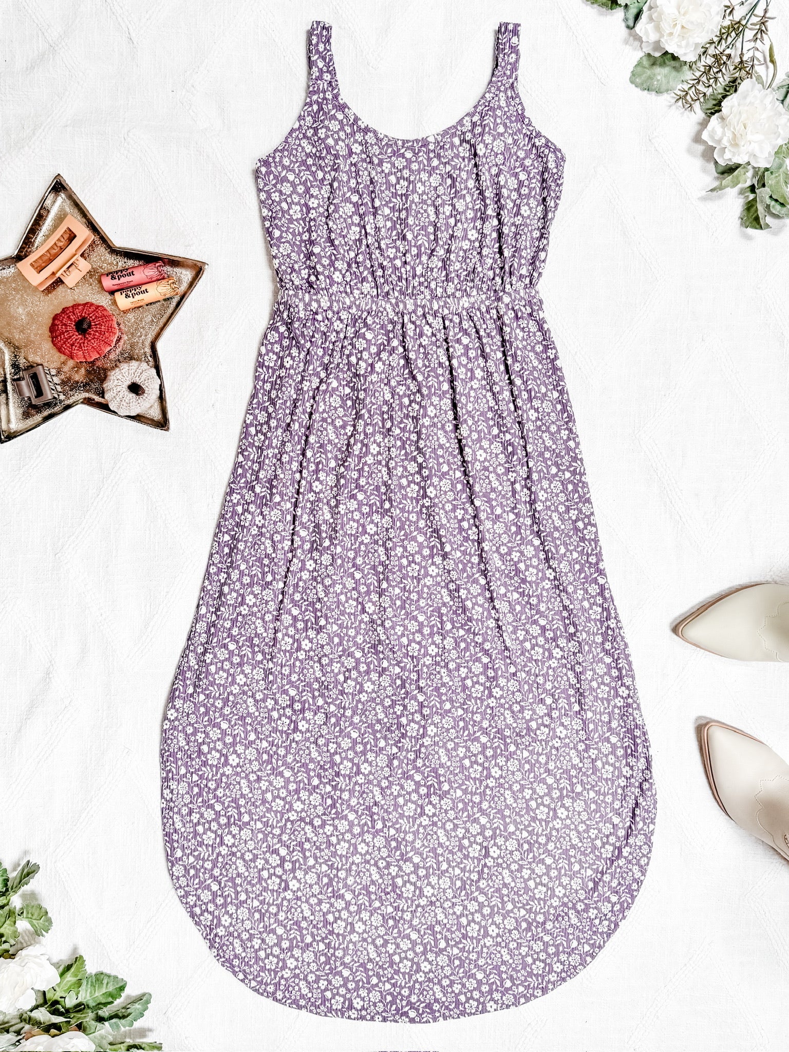 Reagan Ribbed Midi Dress - Lavender Floral