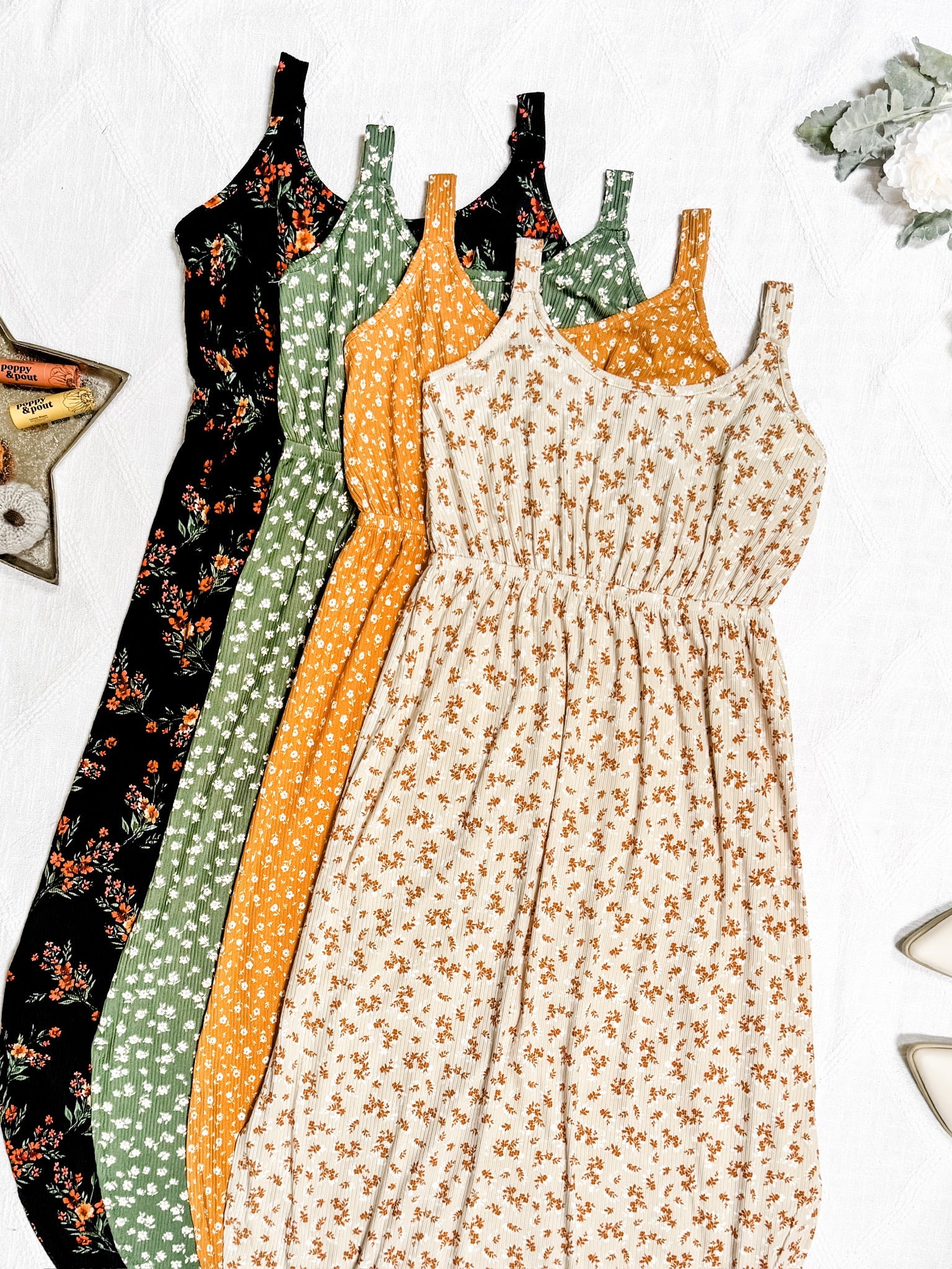 Reagan Ribbed Midi Dress - Pumpkin Floral