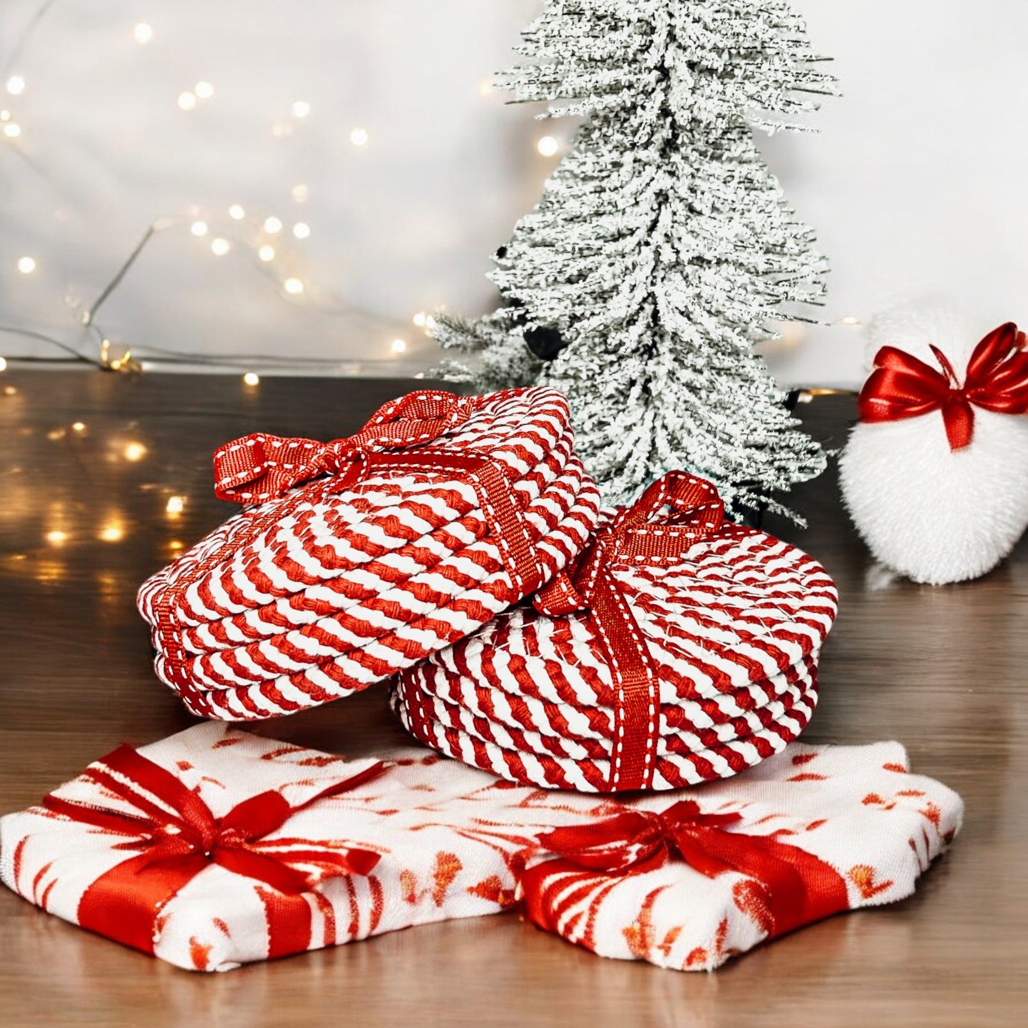 candy cane coasters handmade set of 4 red and white striped
festive Christmas coasters red and white peppermint swirl style