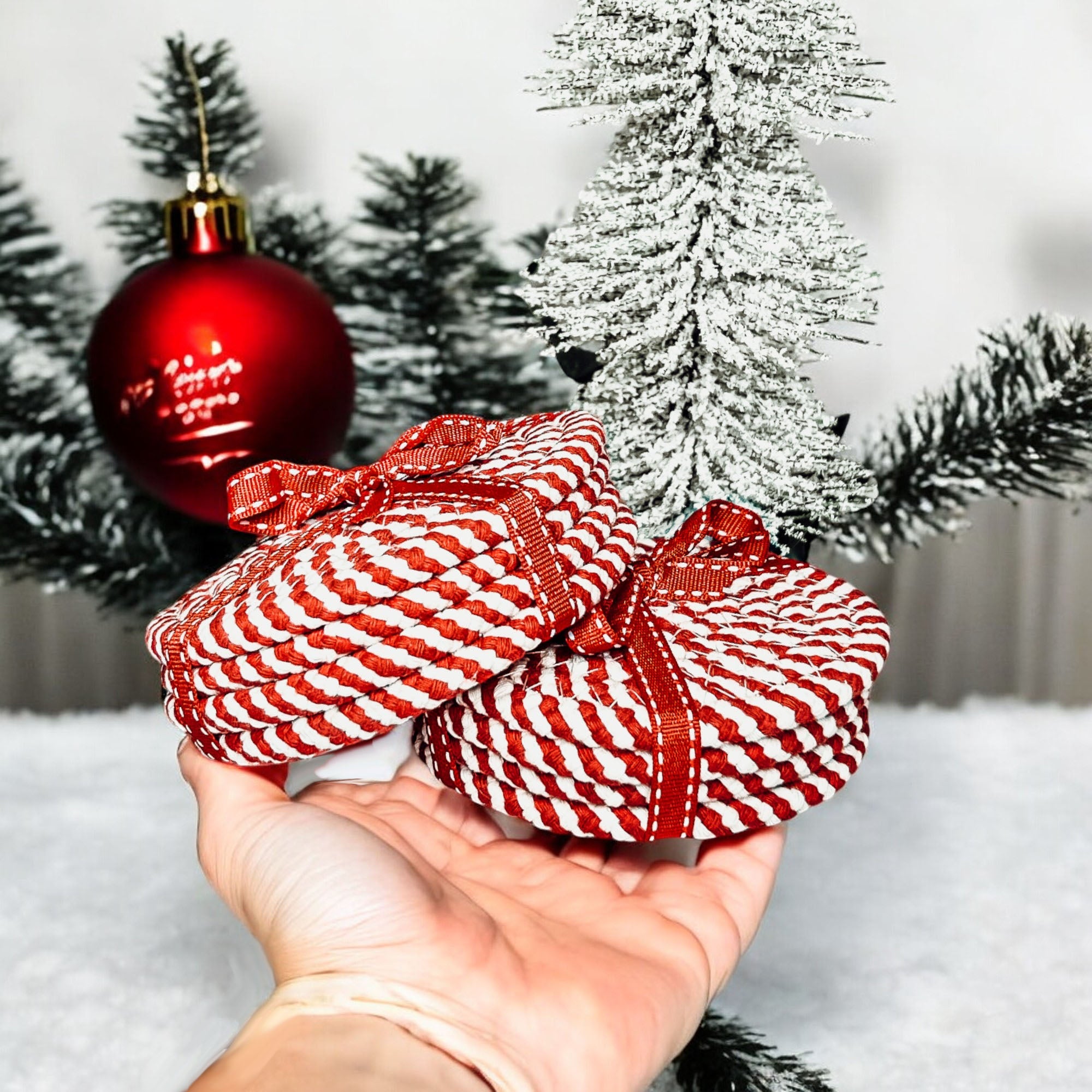 Peppermint candy cane coasters Christmas holiday braided rope decor
Striped holiday coasters candy cane Christmas peppermint design
Christmas candy stripe coasters holiday red white green braided
