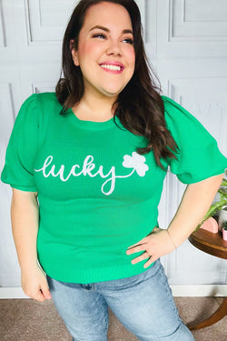 Lucky Lady Shamrock Green Sequin Puff Sleeve Knit Top