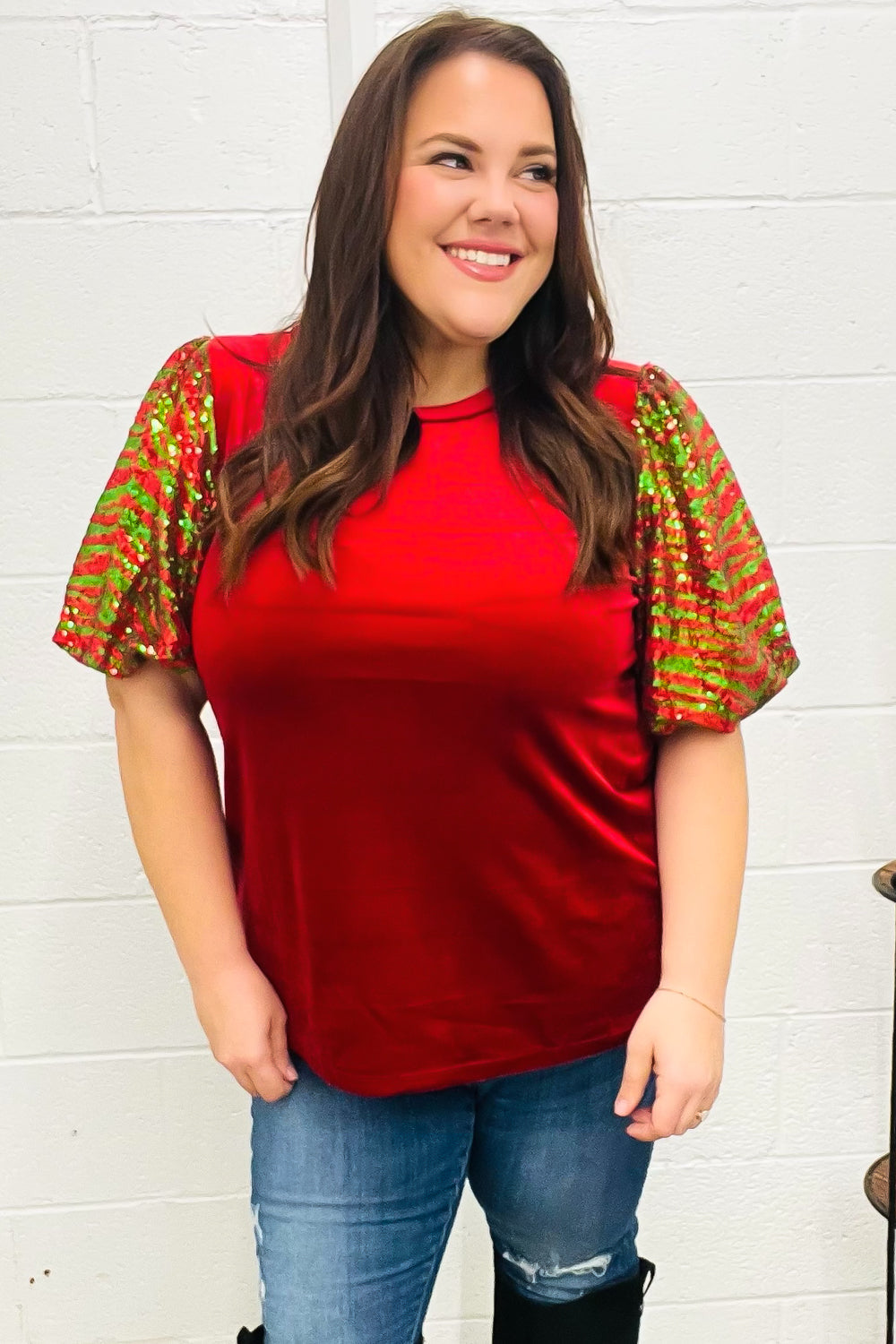 Warmest Wishes Red & Green Sequin Puff Sleeve Velvet Top