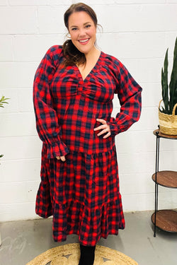 All I Want Red Plaid Elastic V Neck Tiered Maxi Dress