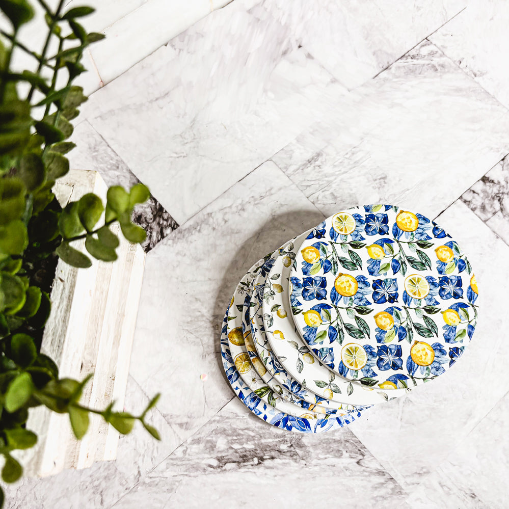 premium quality ceramic coasters Mediterranean lemon design luxury blue yellow patterns cork back table accessories