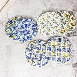 summer entertaining ceramic coasters Mediterranean lemon pattern blue white luxury table decor cork backing
