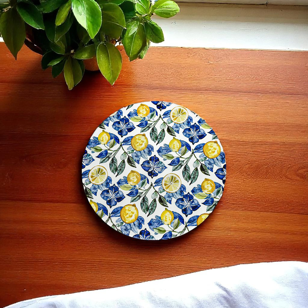 luxury ceramic drink coasters Mediterranean lemon chinoiserie blue white pattern cork back
