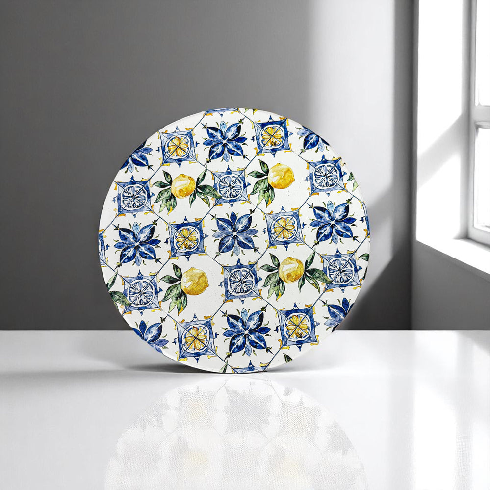spring summer ceramic coasters Mediterranean lemon citrus pattern luxury entertaining cork backing
