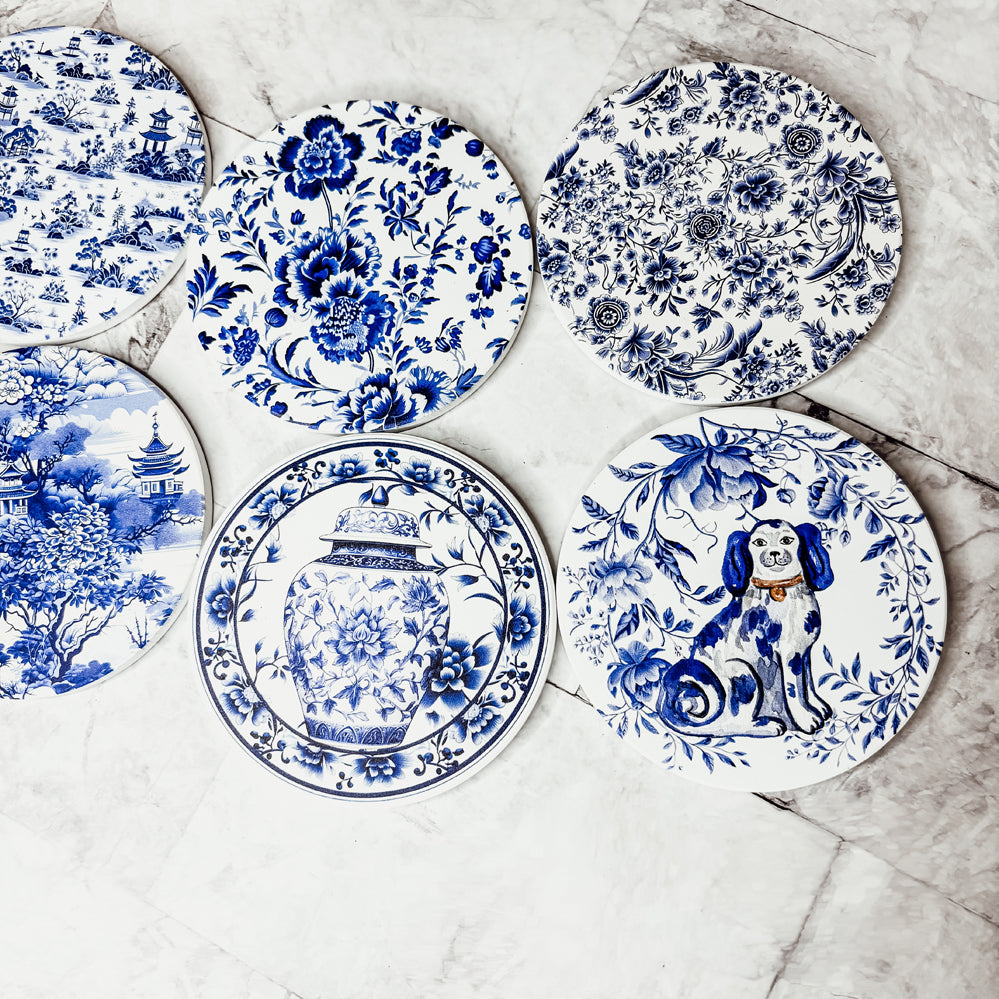 timeless ceramic coasters Chinoiserie blue white porcelain pattern ginger jar blue willow Staffordshire dog cork backing