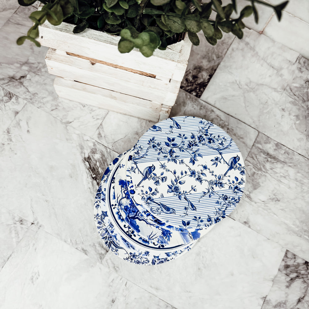 wedding gift ceramic coasters Chinoiserie blue white pattern luxury ginger jar blue willow Staffordshire dogs cork back