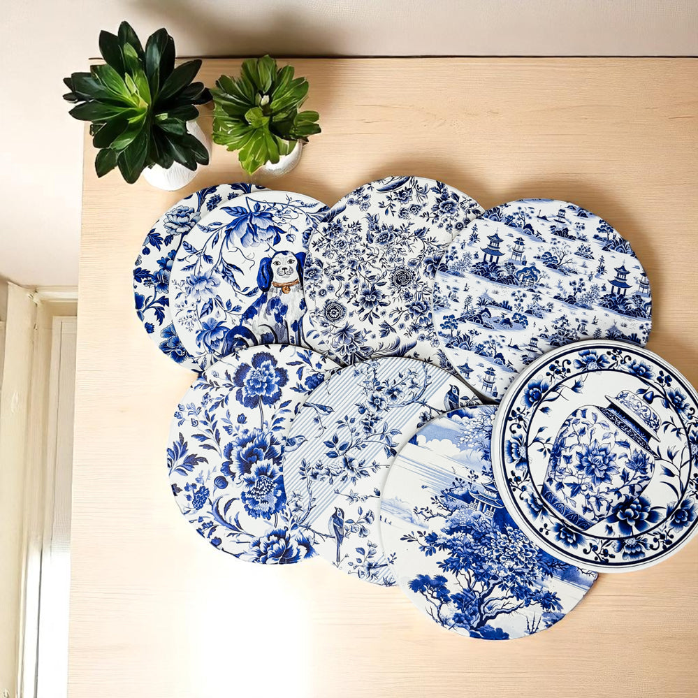classic ceramic coasters Chinoiserie pattern luxury blue white ginger jar blue willow Staffordshire dogs cork back