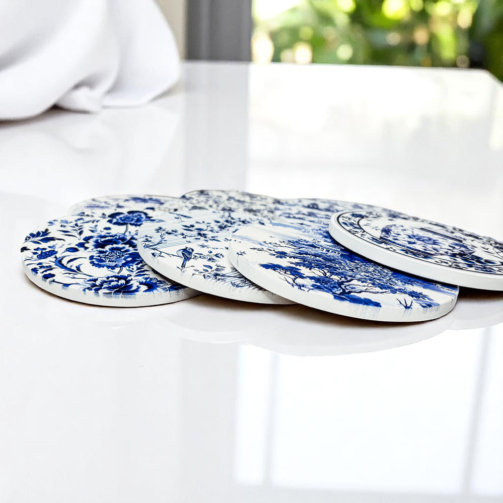 luxury Chinoiserie coasters ceramic blue white porcelain ginger jar blue willow pattern Staffordshire dog cork backing