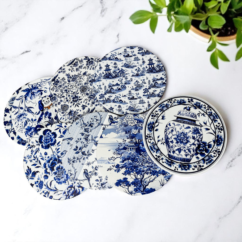 artisan ceramic coasters Chinoiserie pattern luxury blue white porcelain ginger jar blue willow cork backing