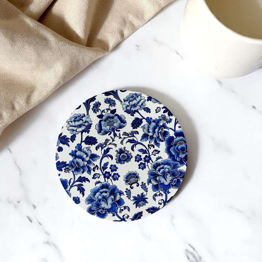 high-end ceramic coasters Chinoiserie blue white pattern luxury ginger jar blue willow Staffordshire dogs cork back