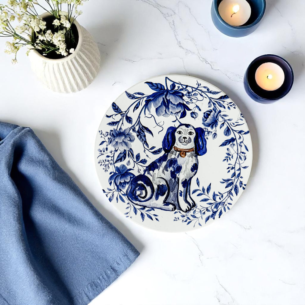 curated ceramic coaster set Chinoiserie blue white porcelain ginger jar blue willow Staffordshire dog cork backing
traditional Staffordshire dog ceramic coasters Chinoiserie blue white porcelain pattern luxury cork backing
