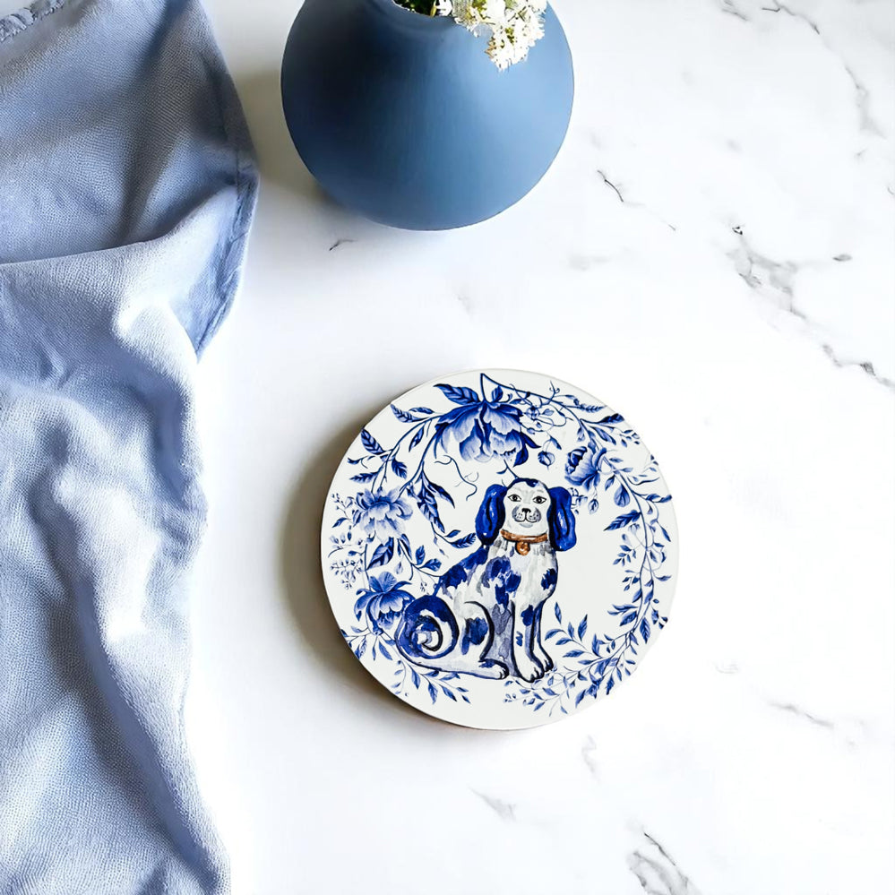 Staffordshire dog ceramic coasters Chinoiserie blue white pattern luxury porcelain design cork backing home decor