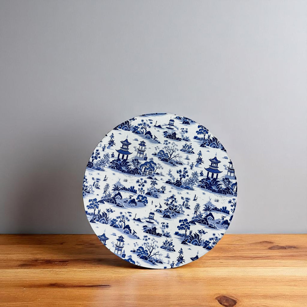 handcrafted ceramic drink coasters featuring authentic Chinoiserie blue white porcelain patterns including ginger jar blue willow Staffordshire dog designs cork backing