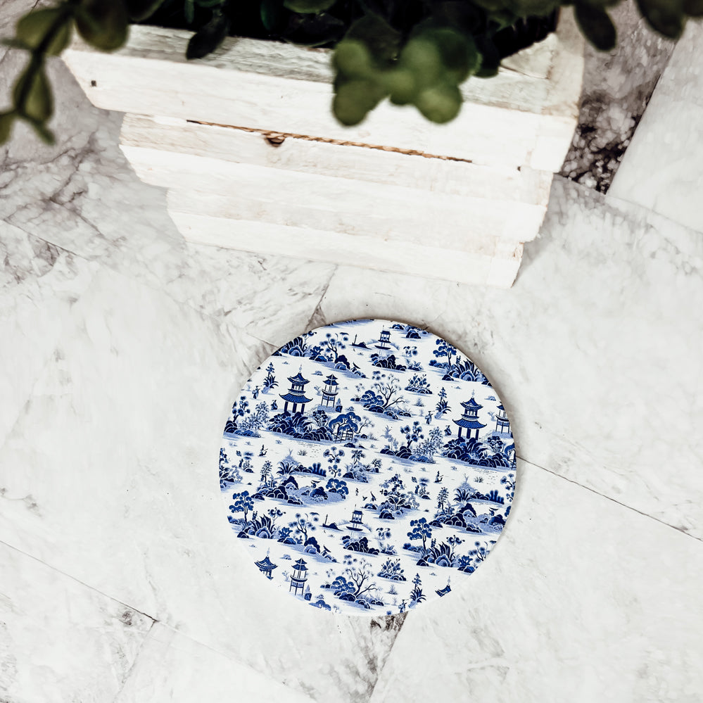 artisan made ceramic coasters showcasing traditional Chinoiserie blue white porcelain motifs ginger jar blue willow Staffordshire spaniel patterns cork back